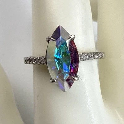 Mystic Topaz Style Marquis w/ Cubic Zirconia Accents Silver Tone Ring - Size 9 - Image 1 of 4