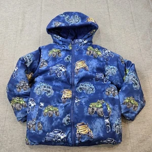 Abrigo pesado reversible para niño con capucha un lado camiones un lado azul acolchado 5T - Imagen 1 de 8