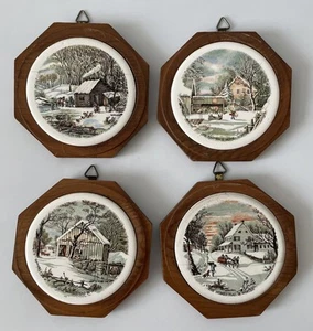 VTG Currier Ives Winter Farm Country Scenes Octagon Hanging Decor Coasters Set 4 - Picture 1 of 11