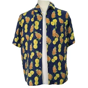Mon Tiki Blue Pineapple Hawaiian Style 100% Silk Short Sleeve Button Up - Picture 1 of 2