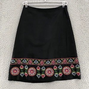 Ann Taylor Skirt Womens 2 Black Silk Embroidered Floral A Line Knee Length Boho - Picture 1 of 11