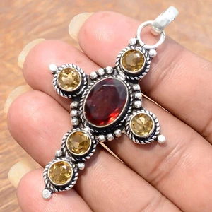 Red Garnet & Citrine Gemstone Cross 925 Sterling Silver Pendant Man's Jewelry - Picture 1 of 9