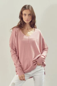 &Merci French Rose V-Neck Long Sleeve Tunic Sweater Top - Picture 1 of 5