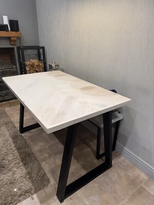Herringbone Design Reclaimed Wood Dining Table. White Wash. Matt Black Legs. - Image 1 of 4