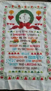 Christmas Cross Stitch Wall Hanging Vintage Hand Stitch W/Rod 24.5" H x 15.75" L - Picture 1 of 7