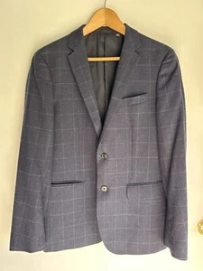 Uniqlo Men’s Navy Blue Check Wool Blend Coat Blazer Slim Fit Full Lined Size S - Picture 1 of 11