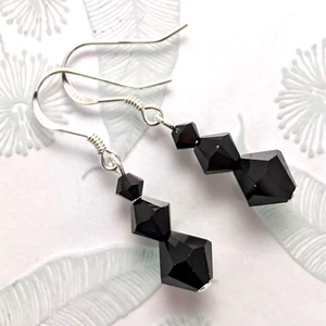 Jet Black Crystal Earrings Made with Swarovski Graduated Beads Sterling Hooks AU - Picture 1 of 4
