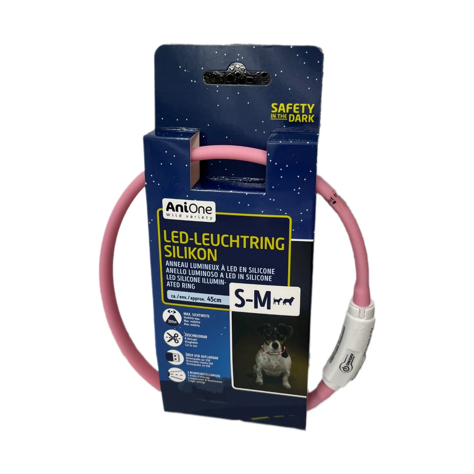 AniOne Leuchtring Silikon S-M candy rosa LED Hundehalsband leuchtend Hund