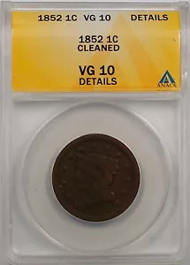 1852 Large Cent 1c Coin ANACS VG 10 Details Cleaned - Picture 1 of 2