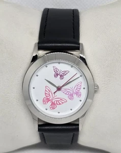 Orologio Donna Farfalle Rosa Viola Tondo Tono Argento Cinturino Pelle Nero 06 - Foto 1 di 9