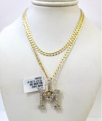 Conjunto de collar de cadena de oro 10k bordillo cubano M diamante inicial colgante 3 mm 20"-30" Foto 1 de 4