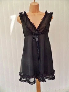 R55 VTG BRETTLES ULTRA SHEER BLACK FRILLY NYLON 2 LAYER MINI 60'S BABYDOLL 12-14 - Picture 1 of 14