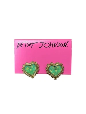 Betsey Johnson Lucky Green Crystal Heart Gold Earrings Polka Dots - Image 1 of 3