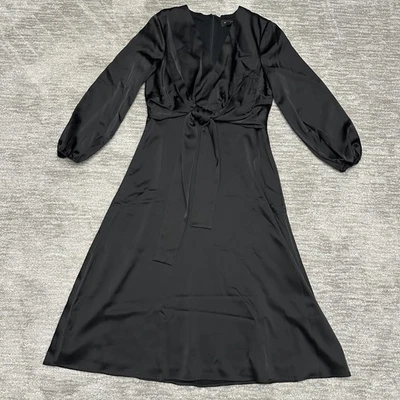 Vestido Banana Republic para mujer 6 negro satinado midi manga larga nudo cintura vacaciones Foto 1 de 4
