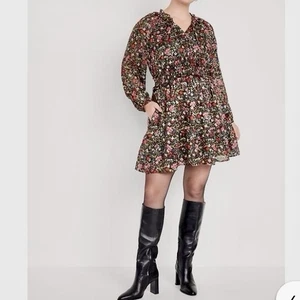 NWT Old Navy Mini Dress 2XL Smocked Waist Gold Shine Floral Long Sleeve Boho - Picture 1 of 14