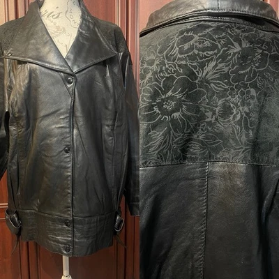 UK 16 Vintage Real Leather Jacket Suede Floral Detail - Made In England - Image 1 of 4