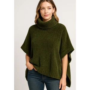 NWT ee:some Olive Turtleneck Chenille Ribbed Poncho Size M/L Fall Warm Cozy - Picture 1 of 11