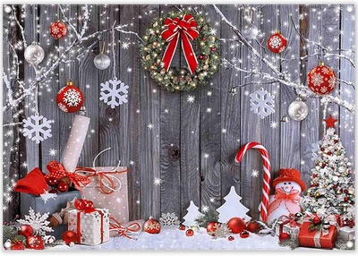 Fabric 7X5Ft Christmas Photography Backdrop Winter Rustic Wood Background Xmas T - Image 1 of 4