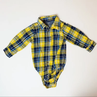 Carter’s plaid yellow and blue button down bodysuit shirt kids size 12 months - Image 1 of 3