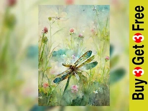 Dragonfly Meadow Watercolor Print - Botanical Wall Art, Insect Artwork 5"x7" - Picture 1 of 8