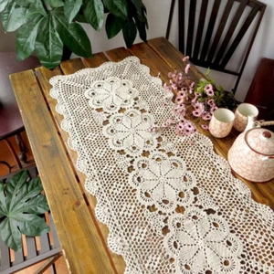 Vintage Hand Crochet Lace Table Runner Dresser Scarf Rectangle Doily Wedding - Picture 1 of 8