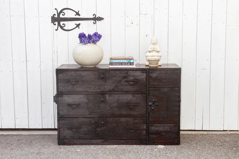 Antique Black Glaze Japanese Tansu Dresser Cover