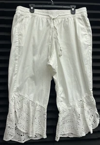 Lane Bryant Hose Damen 14/16 weiß Leinen Kordelzug elastischer Bund Blumenmuster - Bild 1 von 11