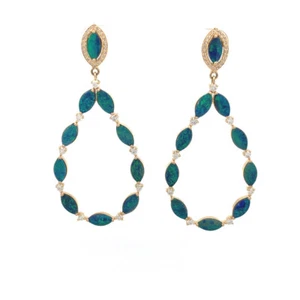 18k Gold Earrings Doublet Opal Diamond Earring October Birthstone Opal Jewelery - Picture 1 of 9