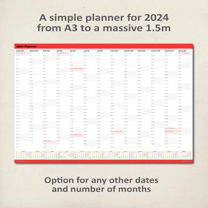 2024 einfacher Wandplaner/Kalender ROT - Auswahl von 5 Größen, Versand gefaltet/gerollt - Bild 1 von 5