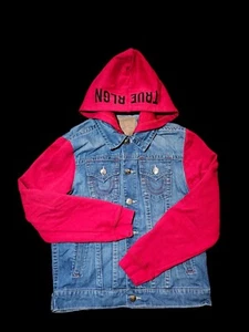 True Religion Jacket Men Small Denim Jean Trucker Red Hoodie Sleeves Spellout - Picture 1 of 23