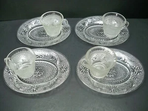 Vintage Tiara Indiana Glass 4 Clear Sandwich Oval Snack Plate & Cup Sets - Picture 1 of 10