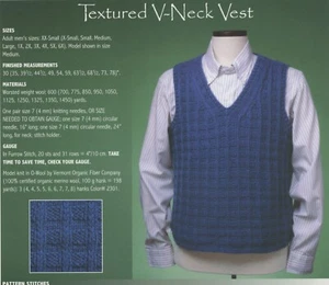 Vermont Fiber Designs Knitting Pattern 151 Textured V-Neck Vest - Men - 30"-78" - Picture 1 of 2