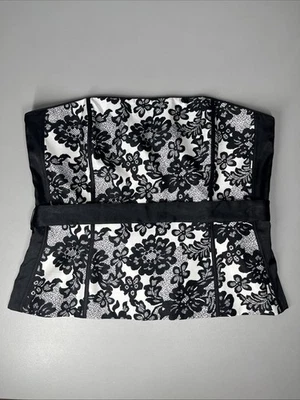 White House Black Market Strapless Corset Top 14 Black White Floral Satin Tie - Image 1 of 4