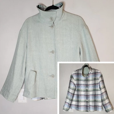 Akris Punto Size 8 Linen Reversible Green Plaid Jacket 4-Pocket - Image 1 of 4