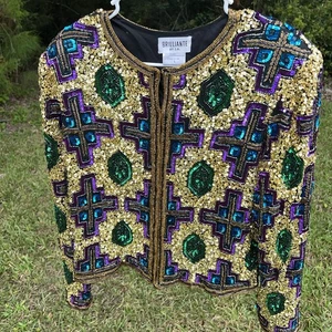 Vintage Womens BRILLIANTE By J.A. Silk Multicolor Sequins & Beads Jacket Sz L - Picture 1 of 23