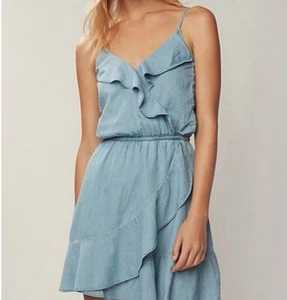 Express SzS Light Blue Chambray Denim Faux Wrap Jean Sundress Ruffle V-neck Boho - Picture 1 of 10