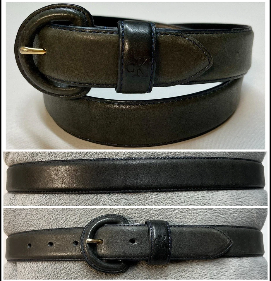 Vintage Calvin Klein CK Jeans Black Leather Belt Sz M / 30.5 Wrapped Buckle Logo - Image 1 of 4