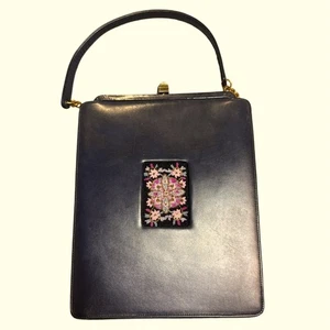 BB Berger Vintage Navy Leather Beaded Medallion Top Handle Evening Purse Bag - Picture 1 of 11