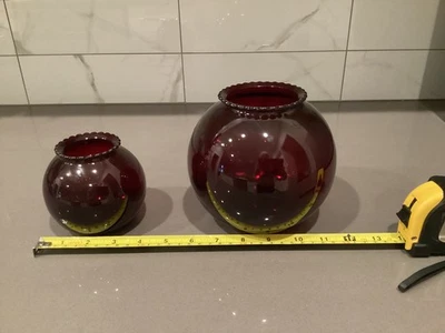PAIR VTG Anchor Hocking Royal Ruby Scalloped Edge Round Bulbous 6" + 3 1/2” Vase - Image 1 of 4