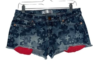 No Boundaries Womens Star Print Denim Shorts Size 9 Red Lace Pockets Patriotic - Picture 1 of 4