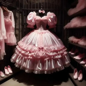 Pink Prom Dress With Short Puff Sleeves Ruffles Dance Special Occasion Ball Gown - Picture 1 of 5