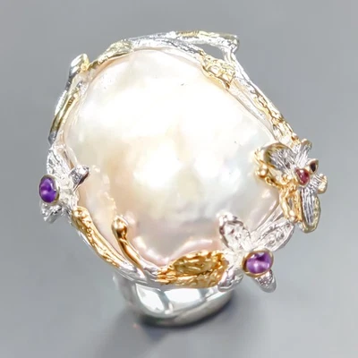 New year gift Natural Baroque Pearl Ring 925 Sterling Silver Size 7.5 /R432595 - Image 1 of 4