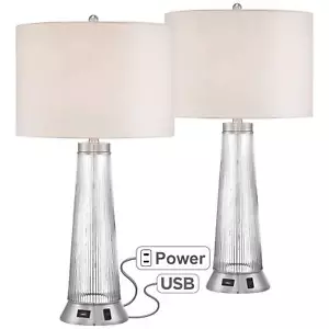 Modern Table Lamps Set of 2 with USB Outlet Ribbed Glass for Living Room Bedroom - Picture 1 of 8