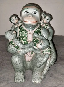 Large Vintage Mother Monkey with Babies Monkeys Porcelain Chinoiserie Figurine - Picture 1 of 9