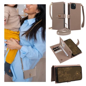 Handbag Genuine Leather Flip Case Crossbody Strap For iPhone - Picture 1 of 14