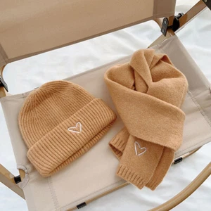 Two-Piece Set Knitted Hat Scarf Love Embroidery Children Beanies Scarves Warm - Picture 1 of 28