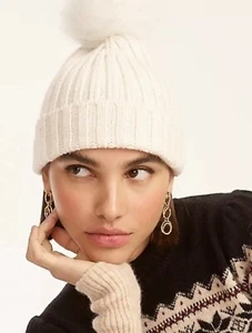 J Crew Beanie Ribbed Pom-Pom Poly Wool Blend Knit Winter Hat IVORY NEW - Picture 1 of 11