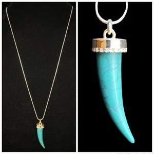 Avon Faux Turquoise Horn Tooth Necklace Pendant Silver Tone Costume Jewelry - Picture 1 of 7