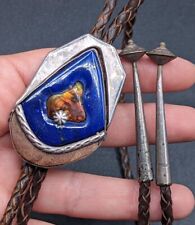 WOW Signed JR Sterling Silver Fire Agate Lapis Wood Inlay Brown Leather Bolo Tie