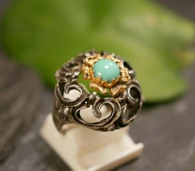 Zauberhafter Silber Ring Teilvergoldet Bicolor Türkis Verschlungen Muster  - Bild 1 von 4
